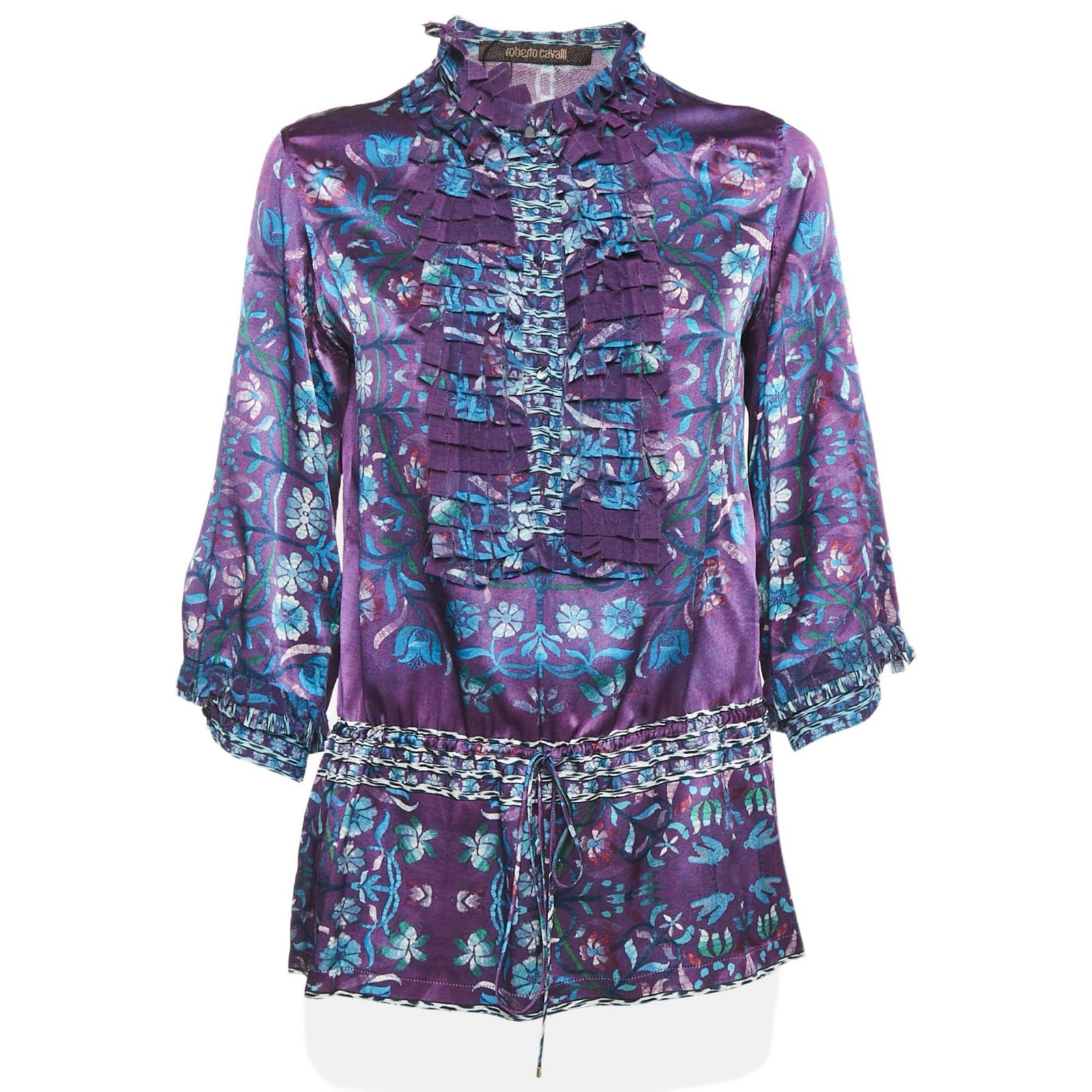 Pre-Owned Roberto Cavalli Женский шелковый топ с рюшами Purple Floral Print