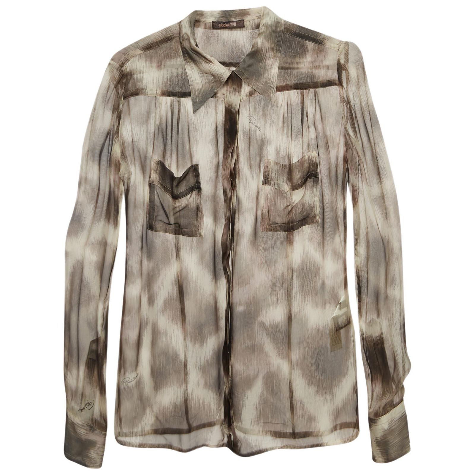 Pre-Owned Roberto Cavalli Women's Brown Animal Print Silk Sheer Shirt