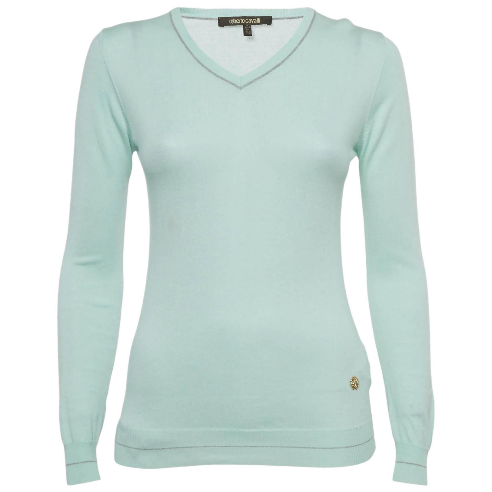 Свитер Pre-Owned Roberto Cavalli Women's Blue Cotton Knit V-Neck