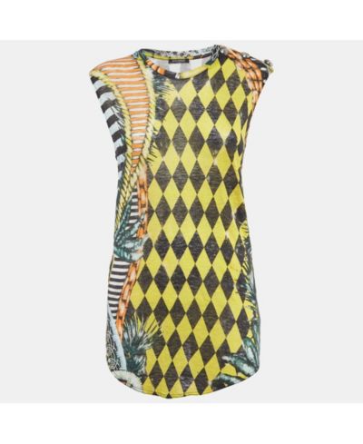 Pre-Owned Balmain Women's Vintage Multicolor Printed Linen Knit Buttoned Detail Tank Top