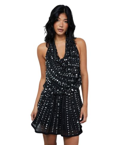 Warehouse Women's Sequin Cowl Front Flippy Mini Dress
