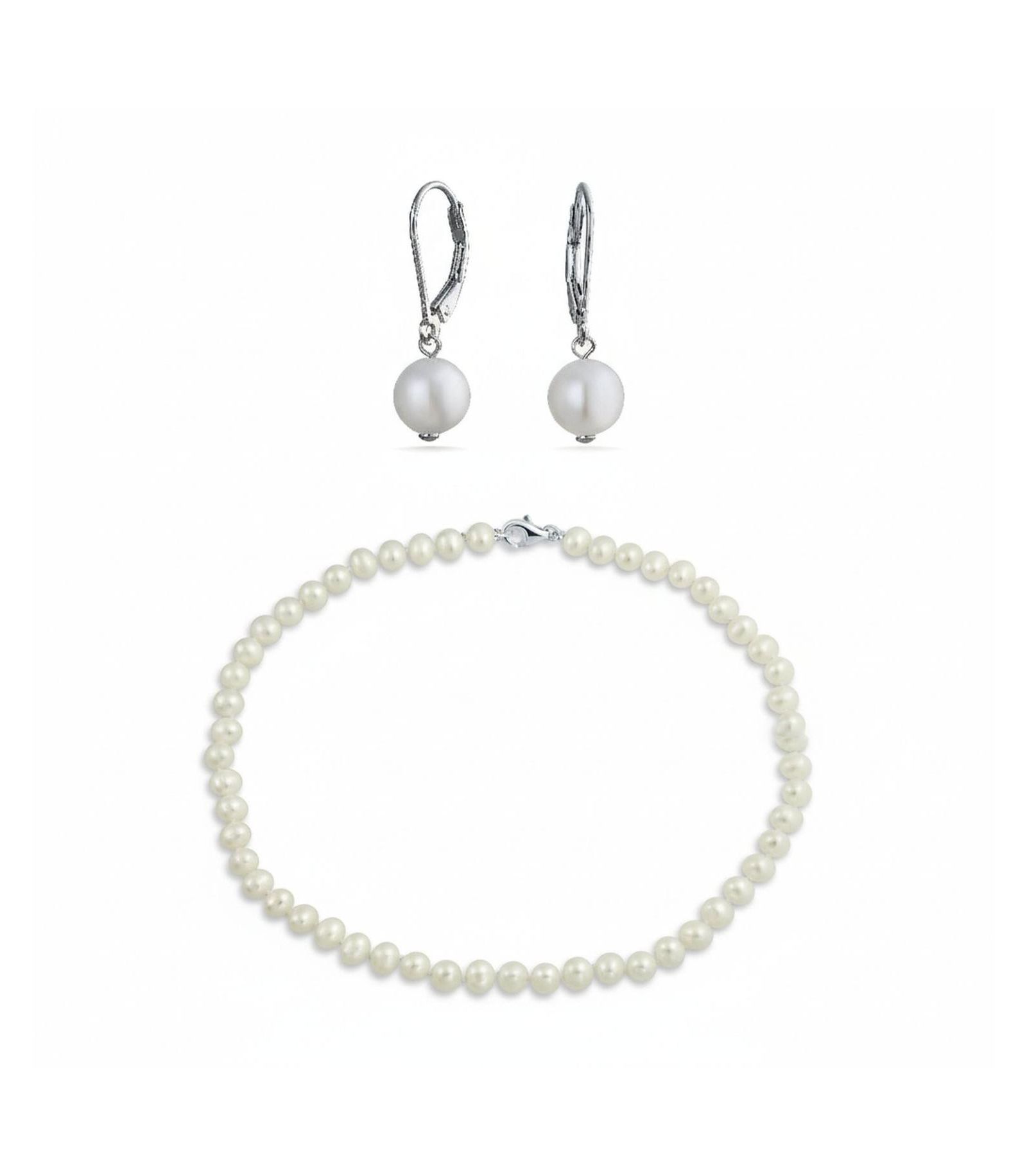 Bling Jewelry Hand-Knotted White Freshwater Pearl Necklace and Drop Pearl Earring Jewelry Set in Sterling Silver