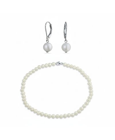 Bling Jewelry Hand-Knotted White Freshwater Pearl Necklace and Drop Pearl Earring Jewelry Set in Sterling Silver