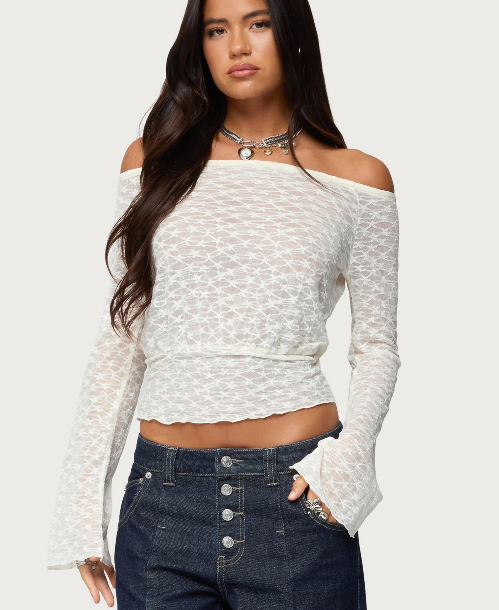 Edikted Women's Alef Sheer Lace Off Shoulder Top