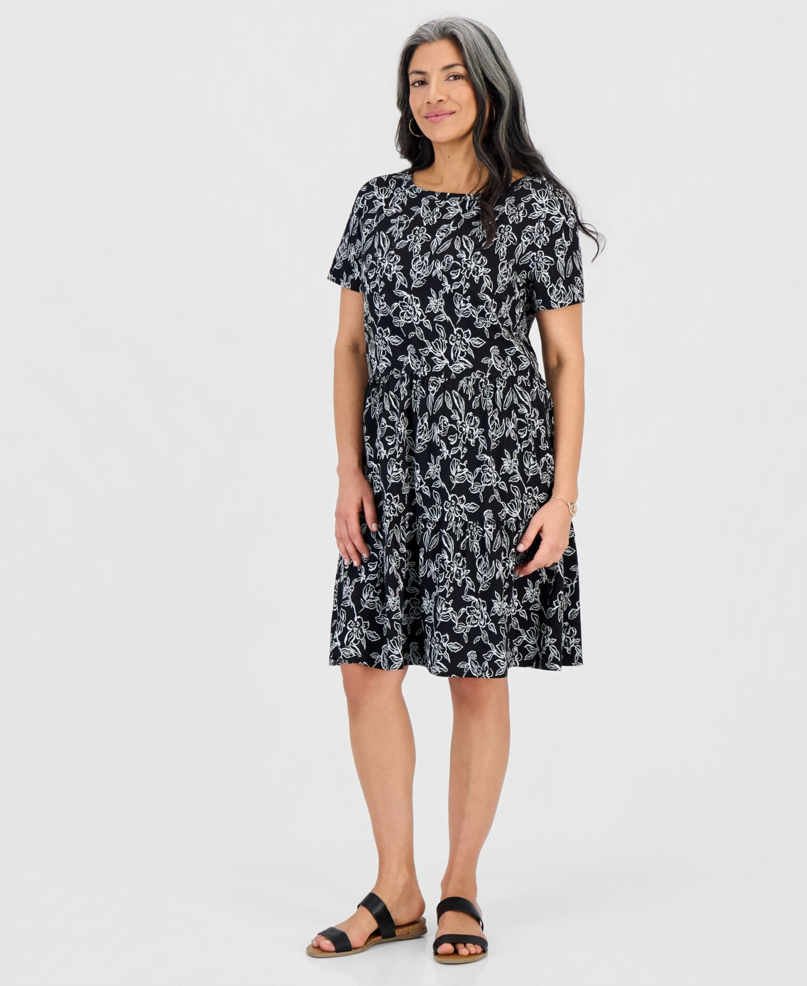 Style & Co Petite Printed Short-Sleeve Tiered Knit Dress, Macy's Exclusive