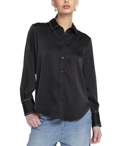 ELLE Collection Women's Sparkle Trim Satin Shirt Button Down Top