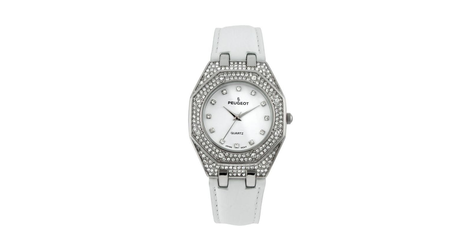 Peugeot Women's 37mm White Watch with Crystal Bezel Leather Band