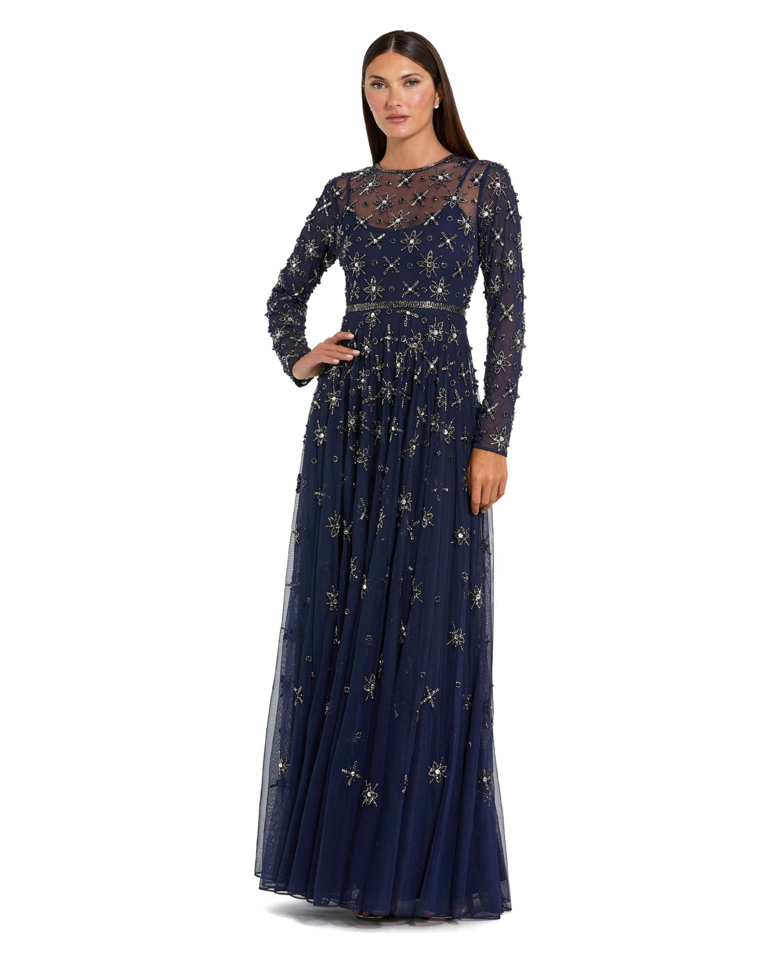 Mac Duggal Women's Long Sleeve Crystal Embellished Evening Gown