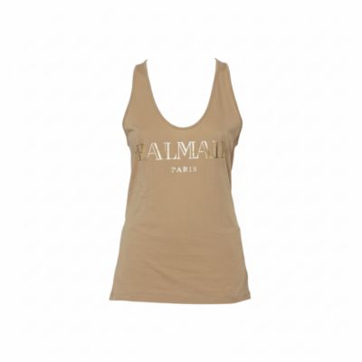 Pre-Owned Balmain Women's Beige Cotton Logo Printed Tank Top