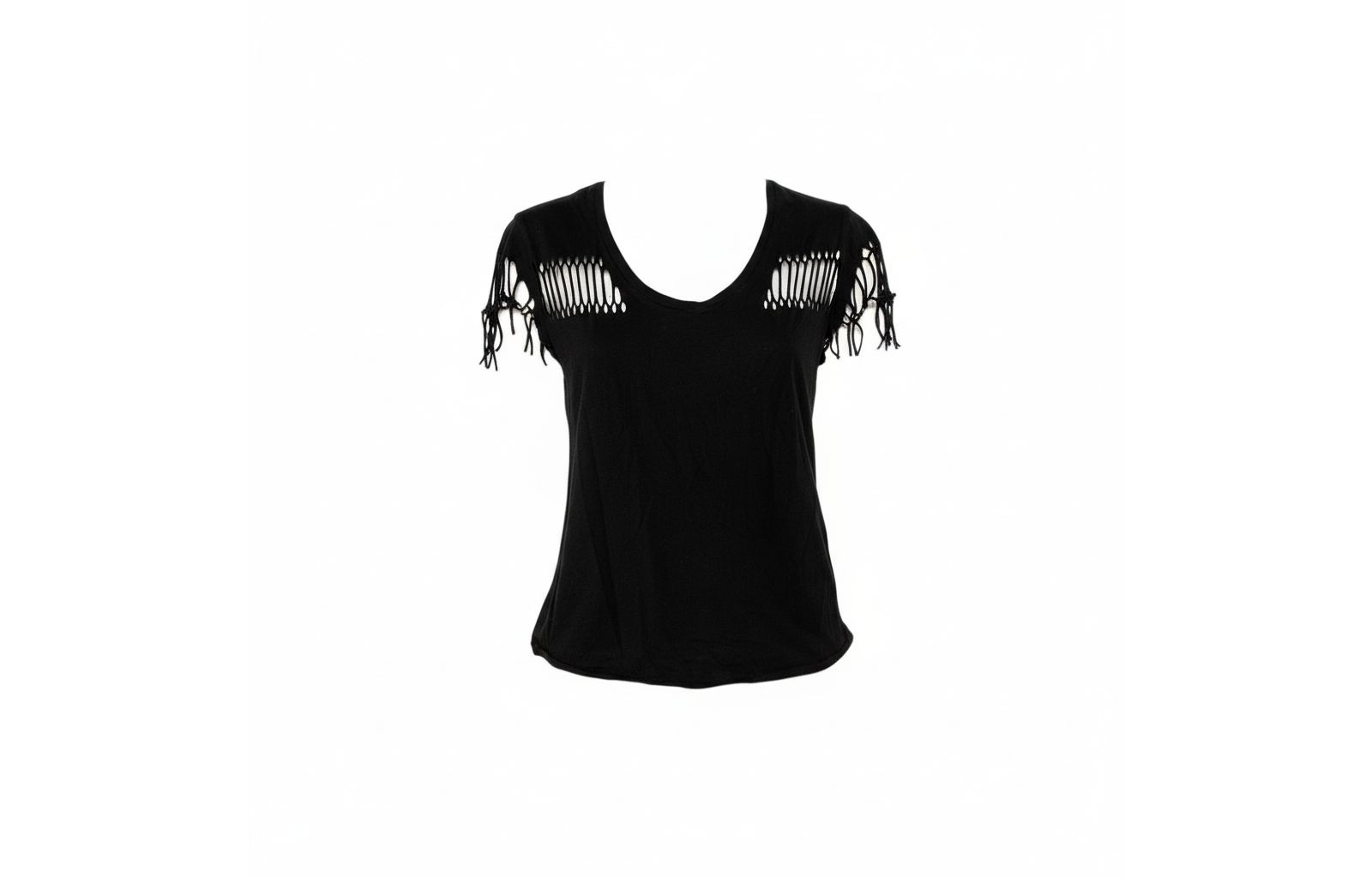 Pre-Owned Zadig & Voltaire Women's Black Cotton Scoop Neck Wanda Fringes T-Shirt
