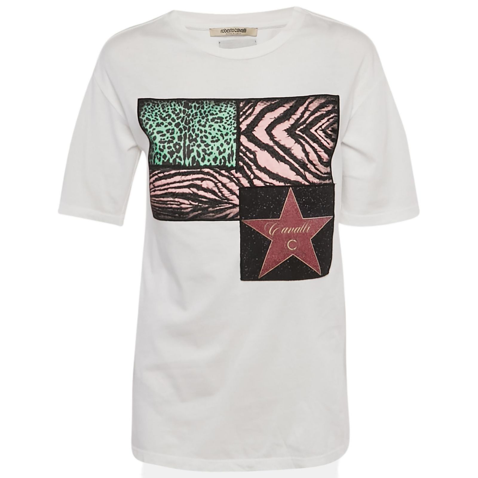 Pre-Owned Roberto Cavalli Women's Jersey Walk Of Fame Patched Crew Neck T-Shirt