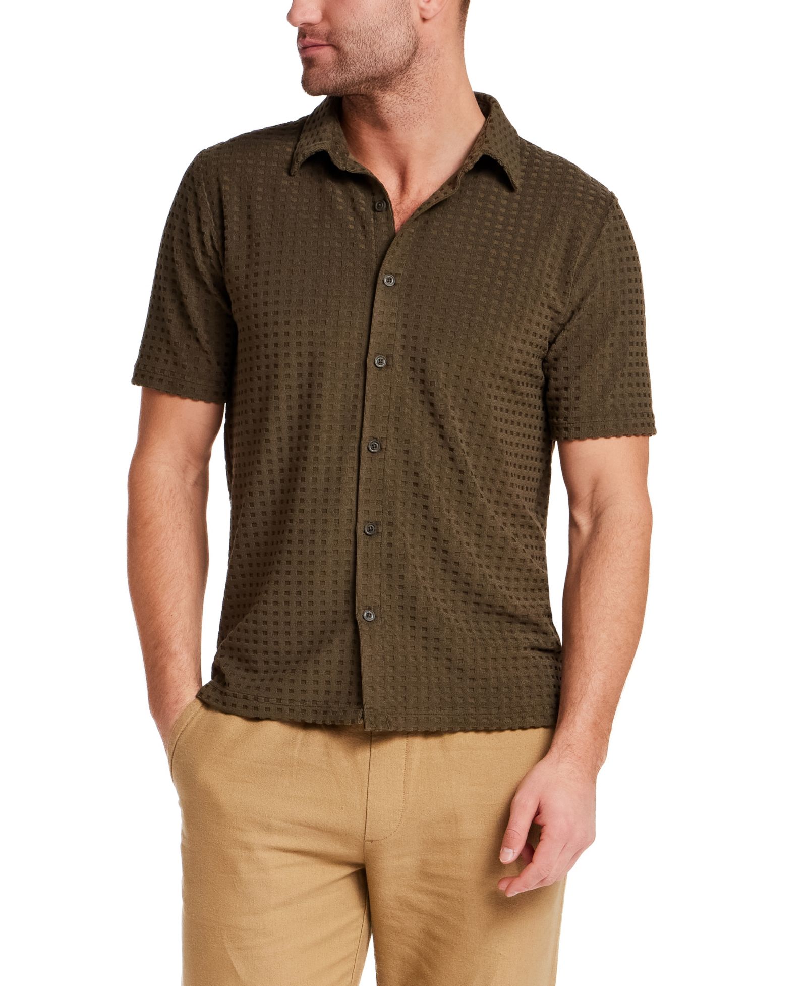 Vintage & Black Men's Short-Sleeve Textured Grid Coatfront Knitmen's Shirt