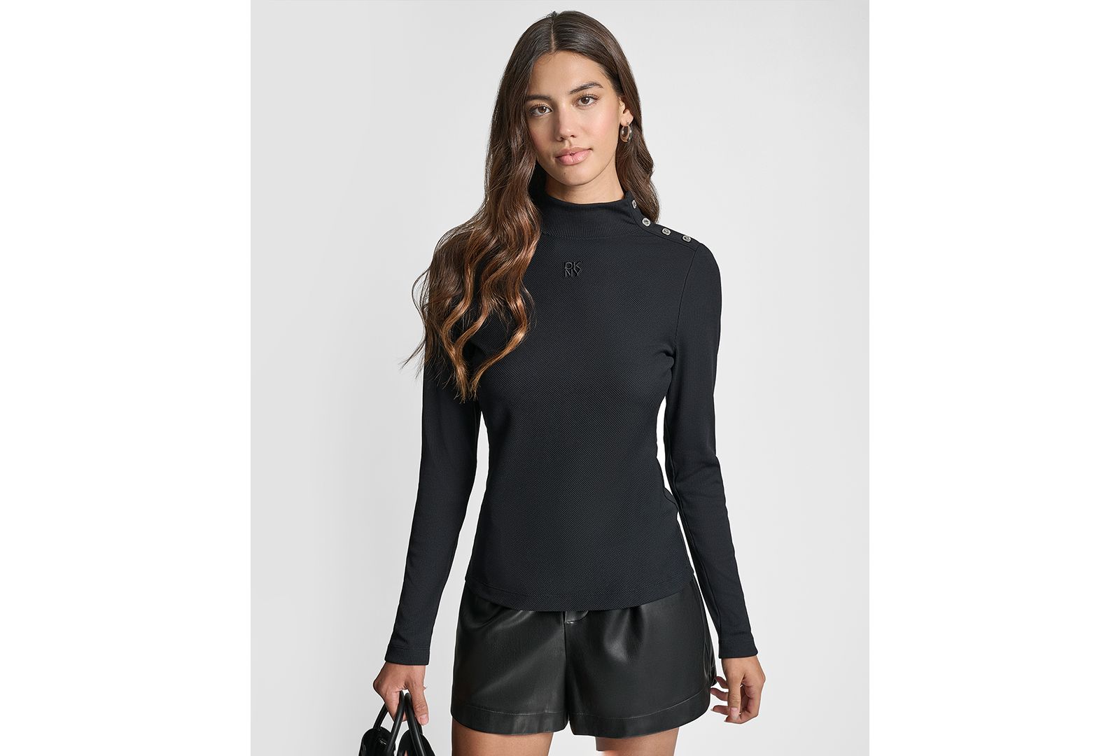 DKNY Jeans Women's Jewel Button Shoulder Mock Neck Long-Sleeve T-Shirt