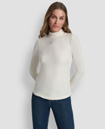 DKNY Jeans Women's Jewel Button Shoulder Mock Neck Long-Sleeve T-Shirt