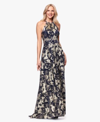 B&A By Betsy and Adam Women's Halter Neck Wrap Foil Gown
