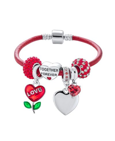 Bling Jewelry Heart Bead Charm Bracelet Leather Sterling Silver