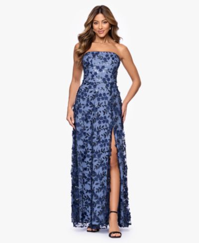 XSCAPE Women's Long Strapless 3D Flower Gown