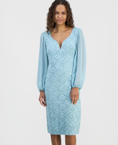 Connected Petite Sequined Lace Blouson-Sleeve Dress
