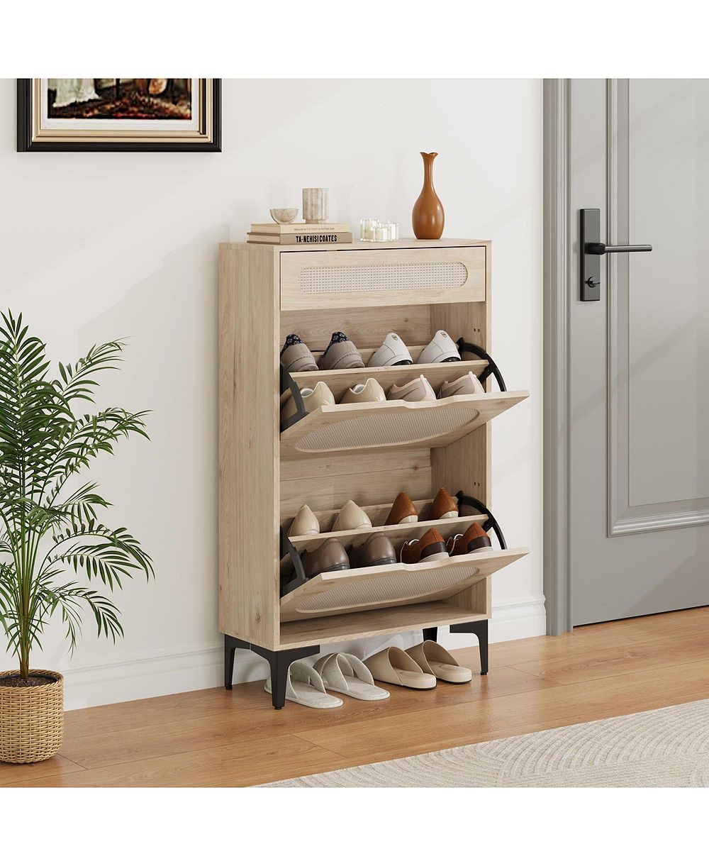 Gaomon Shoe Cabinet, Rattan Shoe Storage With 2 Flip Drawer and 1 Pull-Out Drawer, Heavy Duty Metal Leg