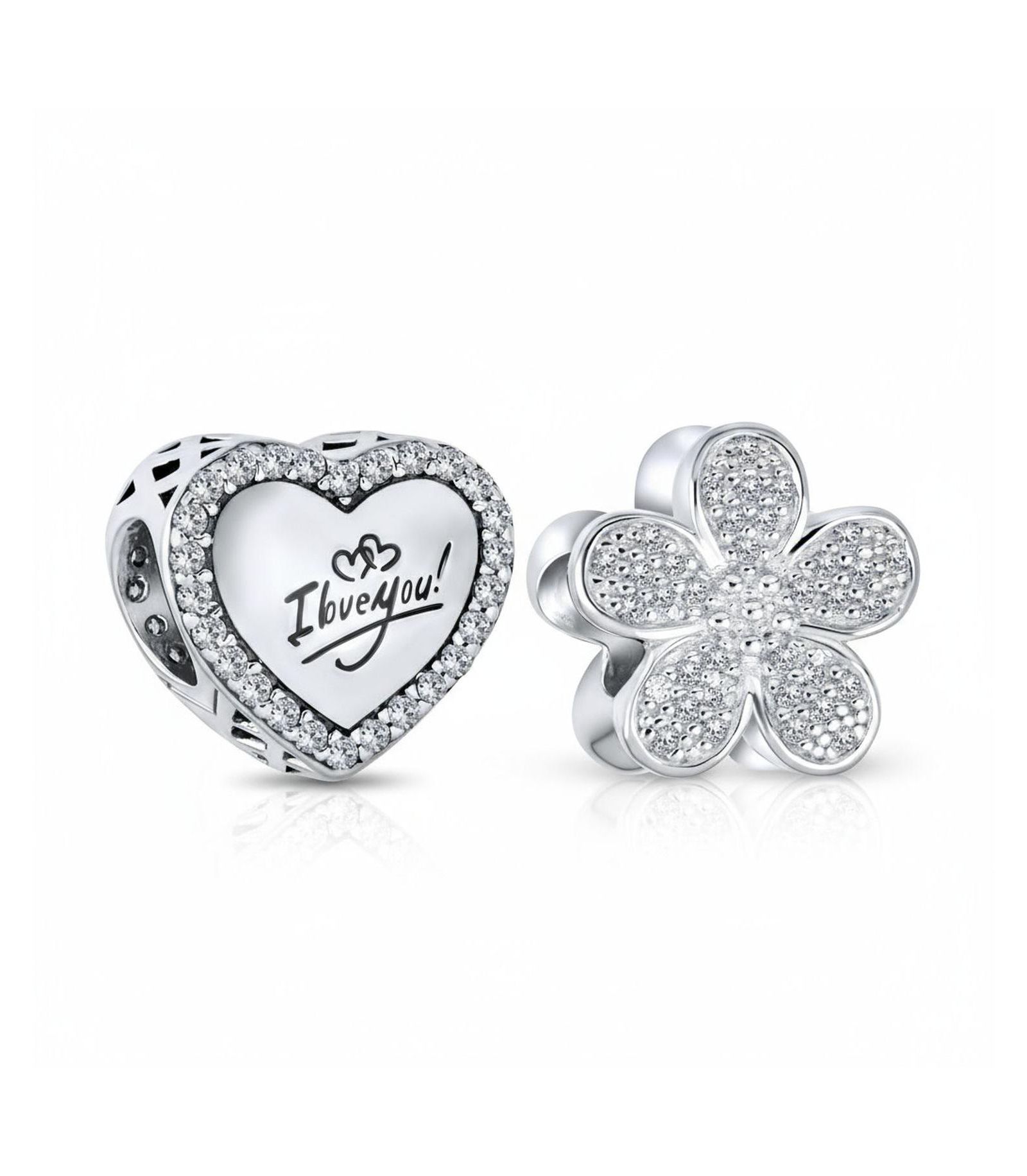 Ювелирный набор Bling Jewelry из 2 предметов: бусины в форме сердца с кристаллами и цветка с прозрачными фианитами на оксидированном стерлинговом серебре .925 с надписью «Я ЛЮБЛЮ ТЕБЯ»