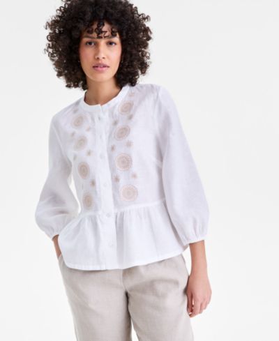Charter Club Women's 100% Linen Embroidered-Front Peplum Top, Macy's Exclusive