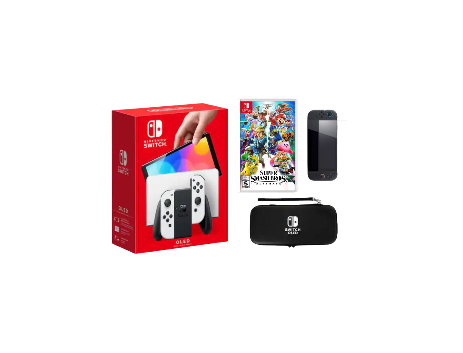 Nintendo Switch OLED White Bundle с аксессуарами и игрой Super Smash Bros