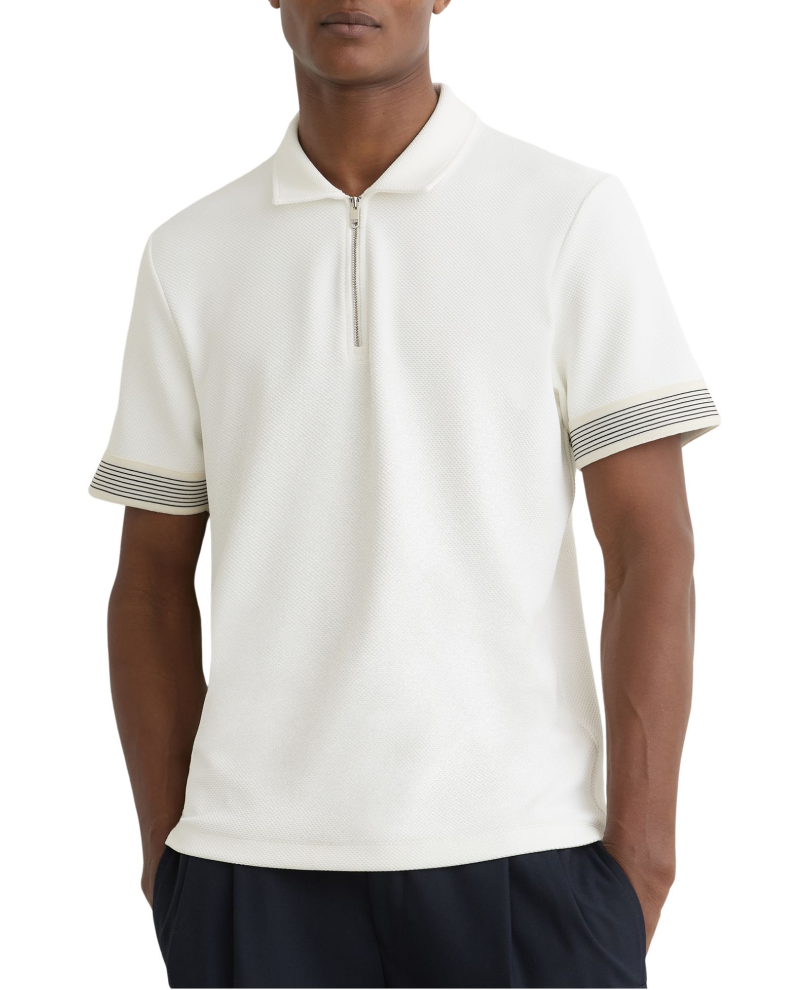 REISS Men's Bruno Sleeve-Trim Half-Zip Polo Shirt