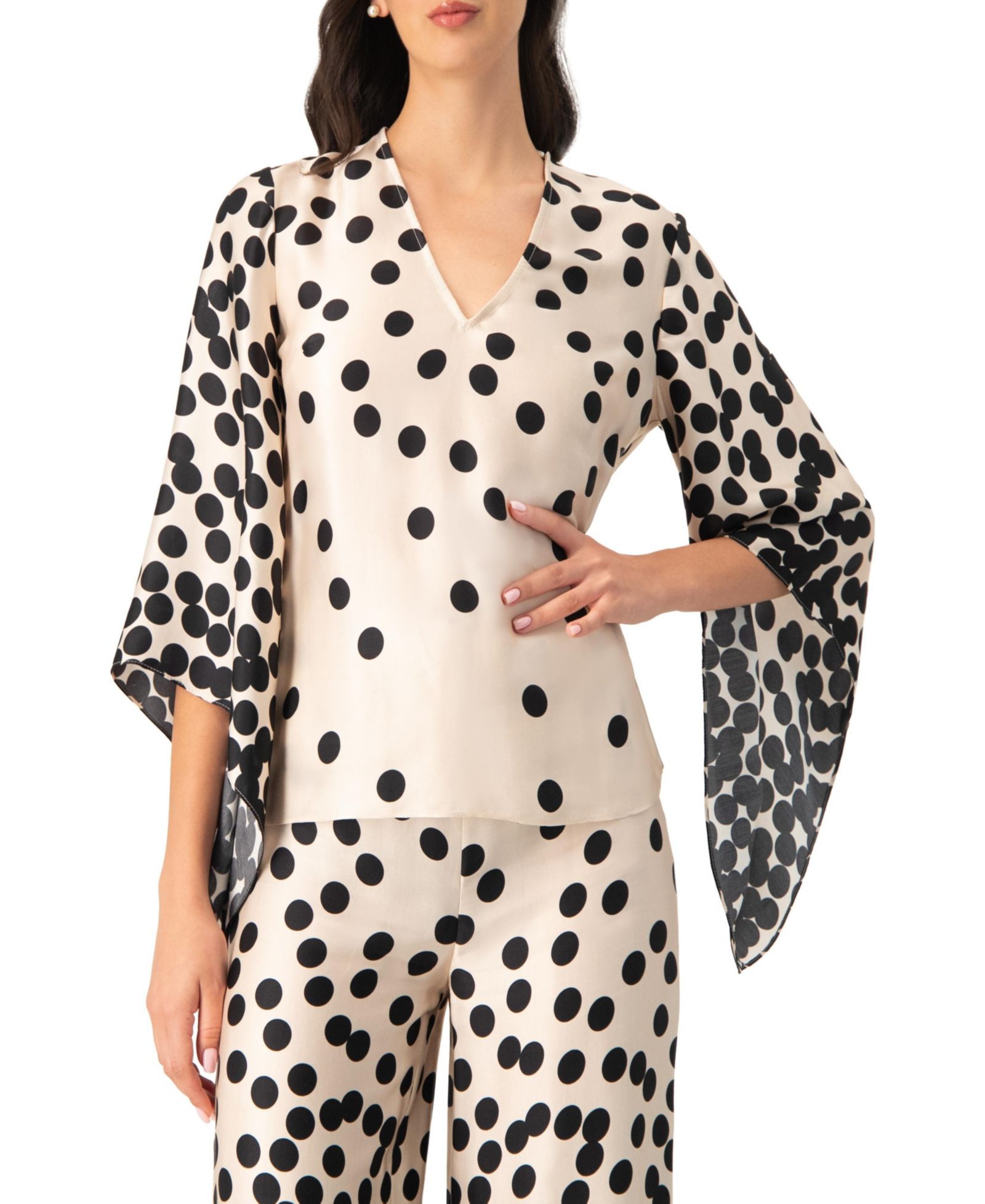 Ivonne Women's Polka Dot V-Neck Blouse with Wide Sleeves