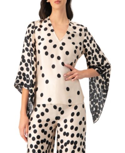 Ivonne Women's Polka Dot V-Neck Blouse with Wide Sleeves