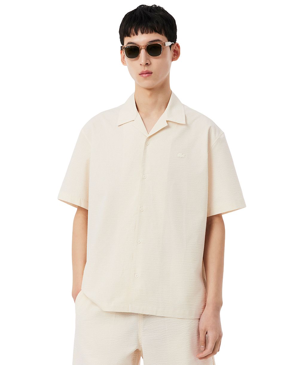 Lacoste Men's Relaxed-Fit Seersucker Waffle Hawaii Collar Shirt