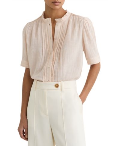 REISS Women's Cotton Cheesecloth Frill-Neck Top