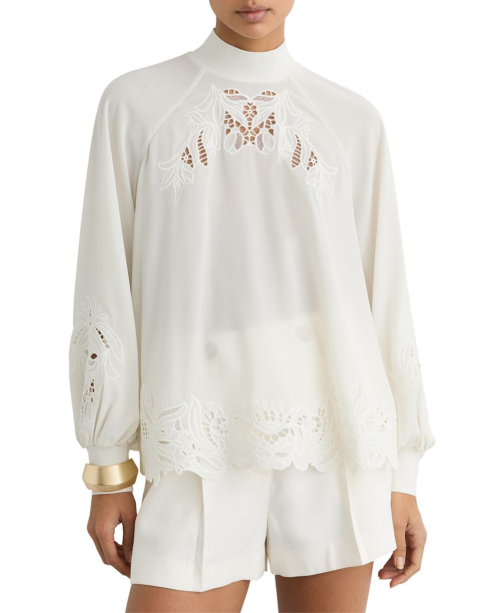 REISS Women's Rae High-Neck 3/4-Sleeve Blouson Lace Blouse