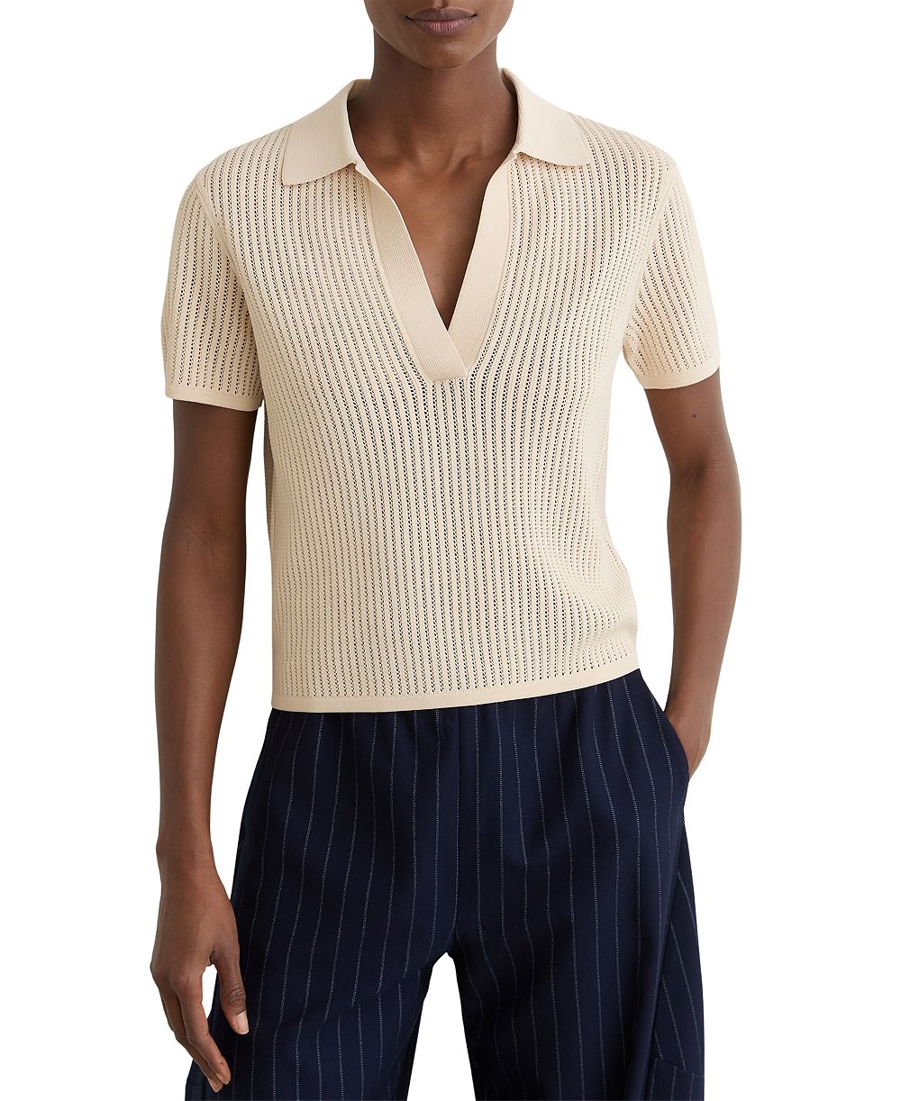 REISS Women's Open-Stitch Knitted Polo Top