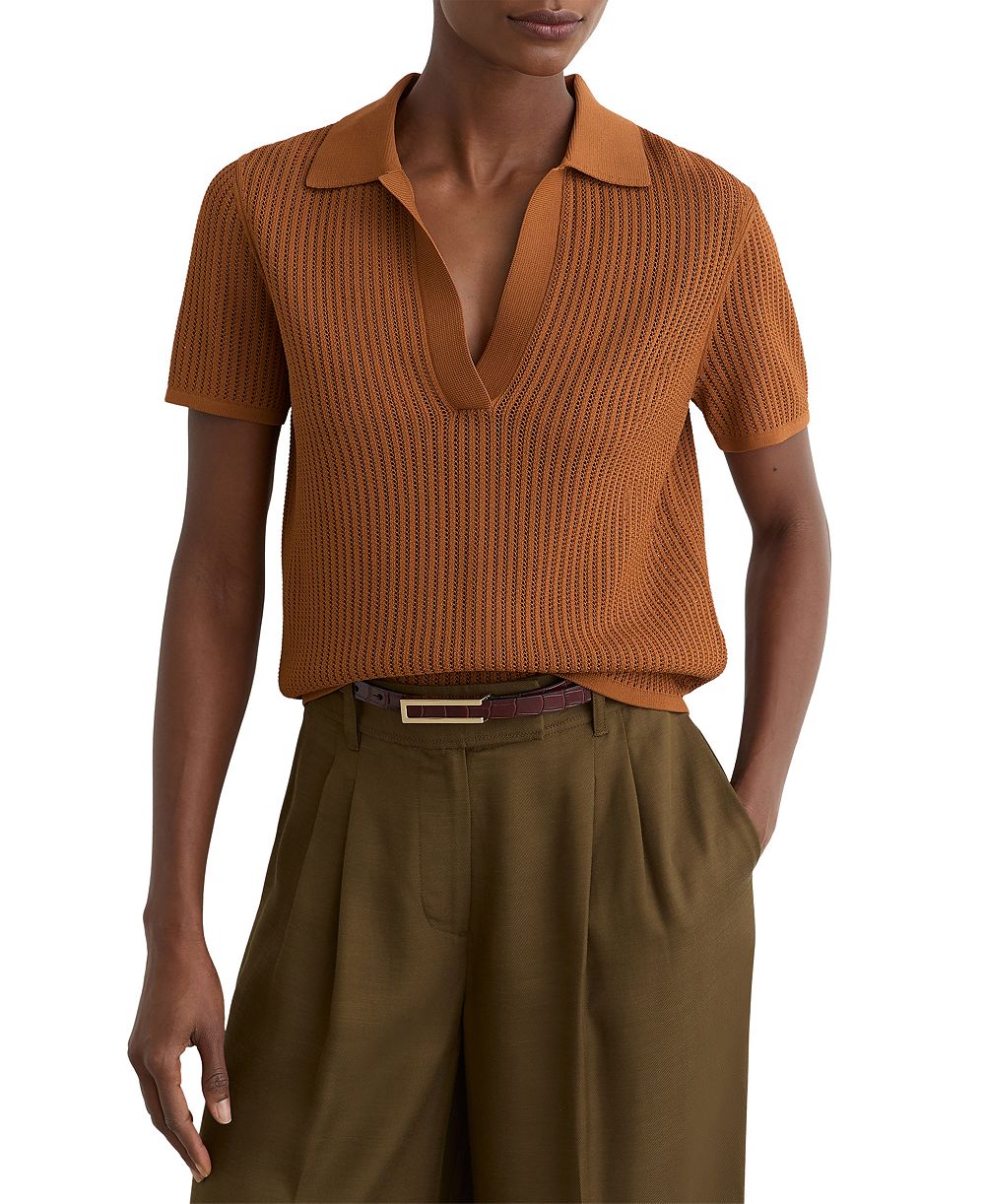 REISS Women's Open-Stitch Knitted Polo Top