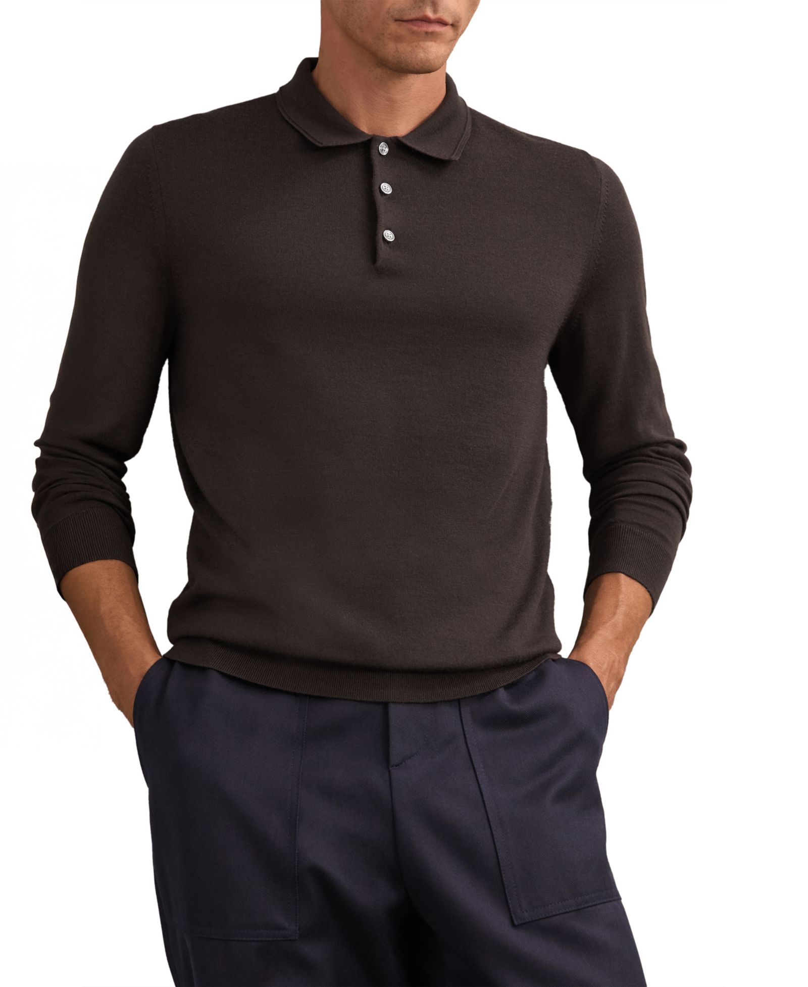 REISS Men's Trafford Merino Wool Long-Sleeve Polo Shirt