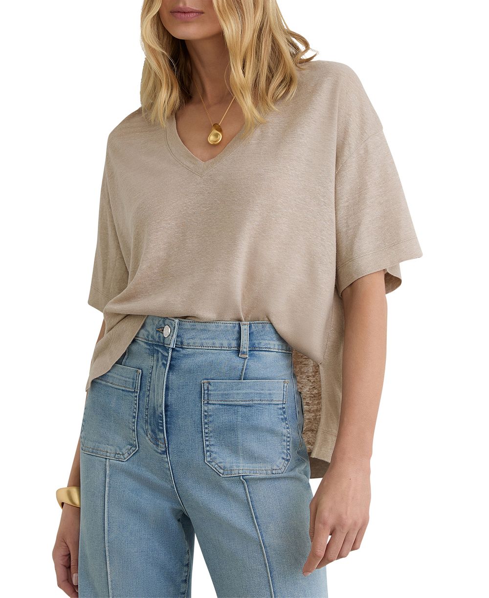 REISS Women's Linen V-Neck T-Shirt