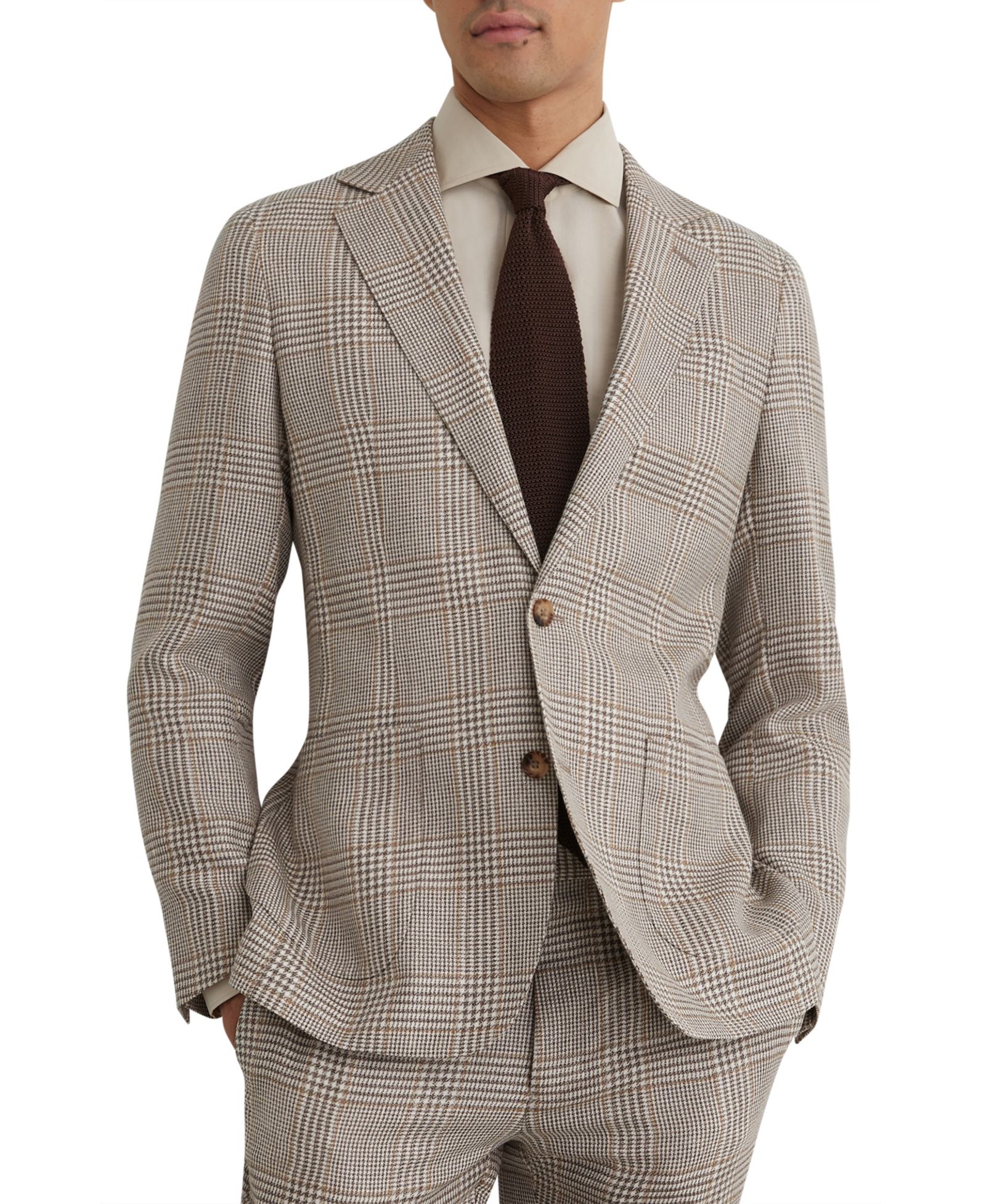 REISS Men's Epsom Tailored-Fit Linen-Wool Single-Breasted Check Blazer