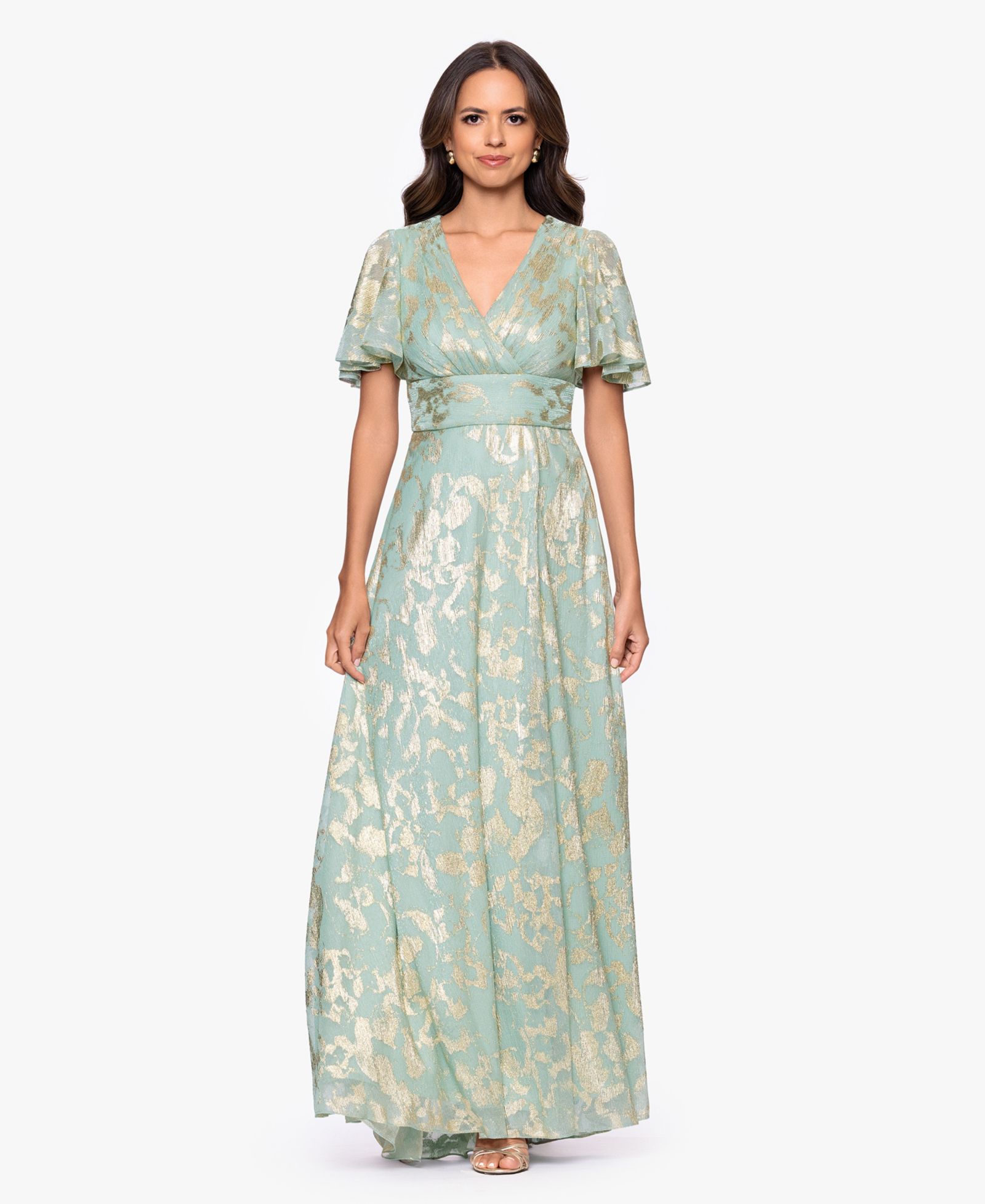 Betsy & Adam Women's Foil Print V-Neck Gown
