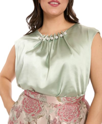 Muse Plus Tucked Beaded Neckline Sleeveless Top