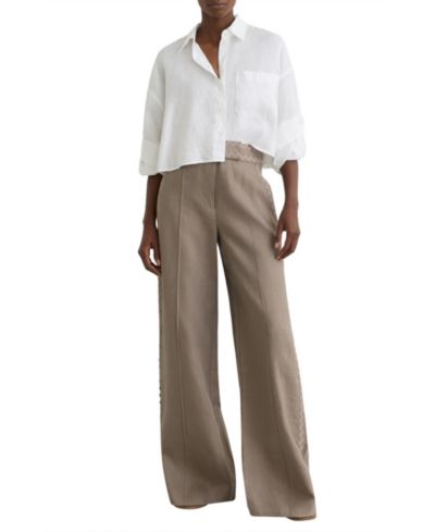 REISS Women's Linen Wave-Trim Wide-Leg Pants
