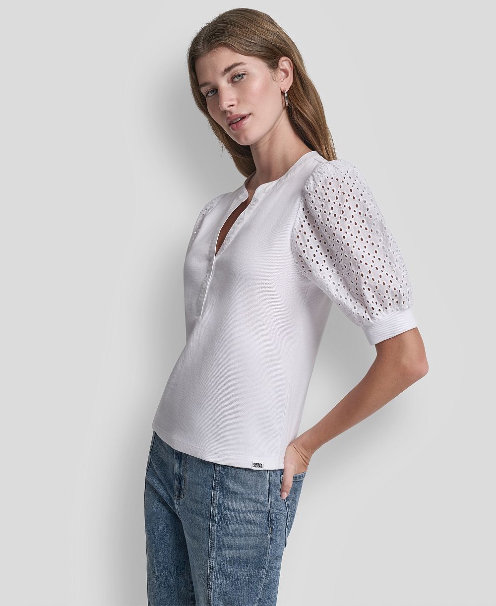 DKNY Jeans Petite Rib Body Eyelet V-Neck Top