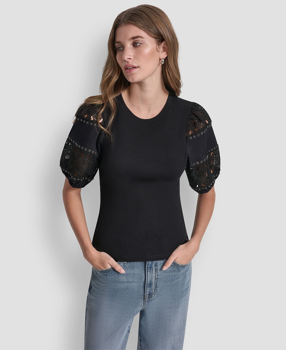 DKNY Jeans Petite Crew Neck Lace Eyelet Pull-On Top