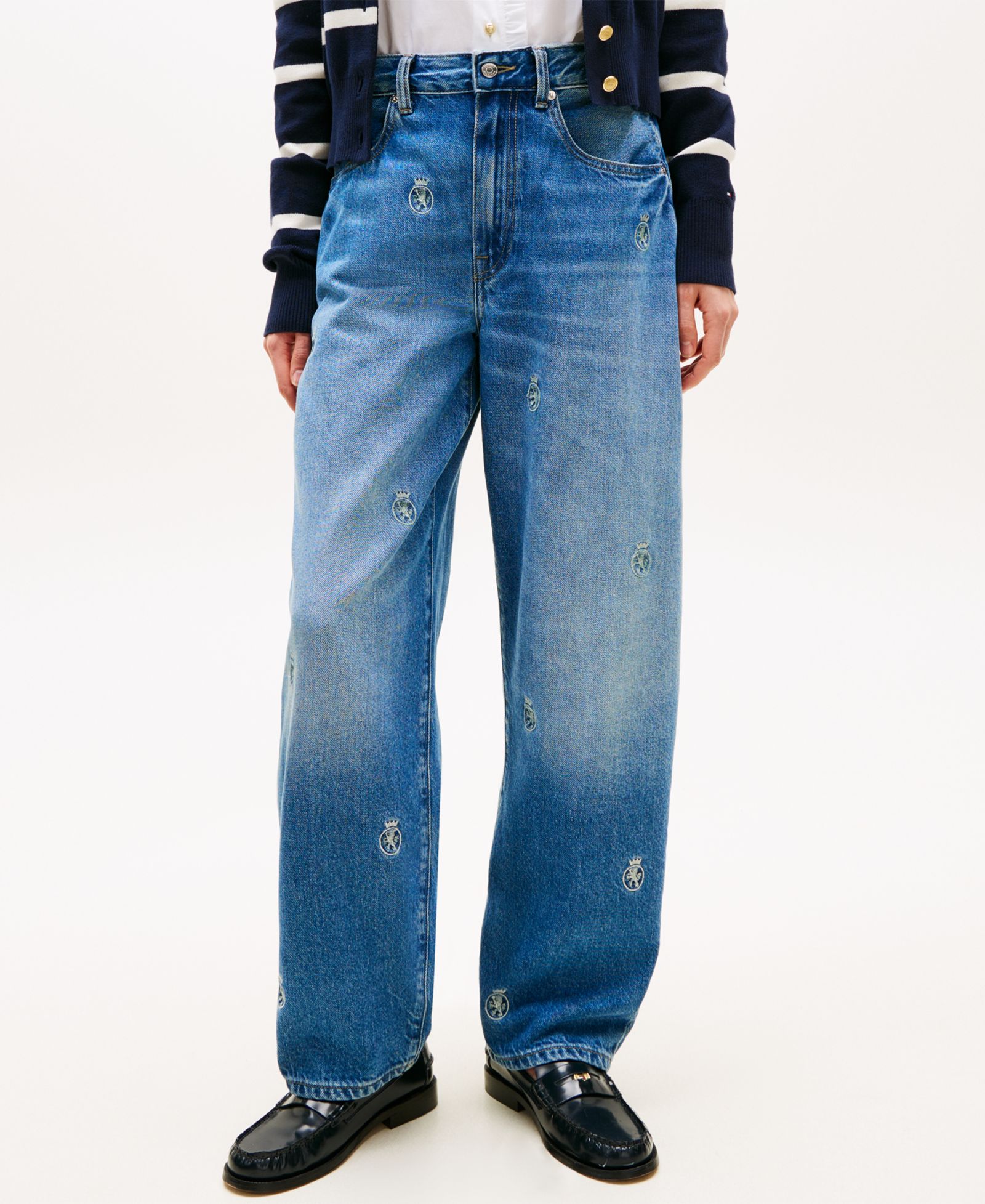 Tommy Hilfiger Women's All-Over Crest Wide-Leg Barrel Jeans