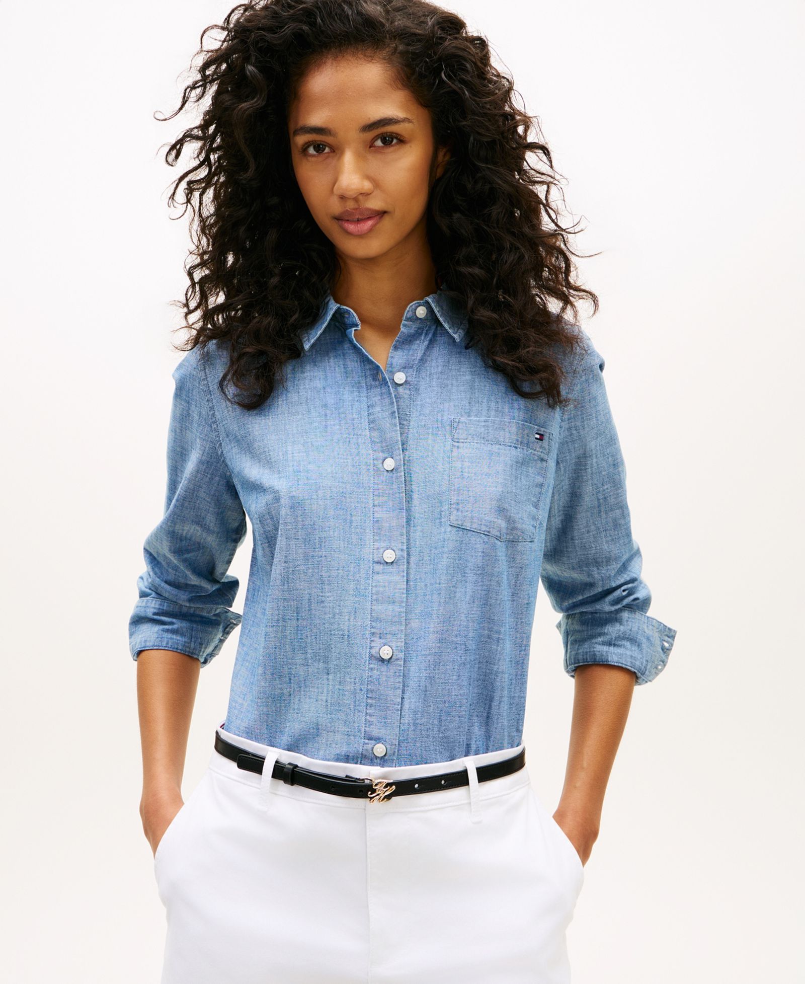 Женская рубашка Tommy Hilfiger Women's Chambray Roll-Tab Long-Sleeve