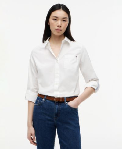 Tommy Hilfiger Женская классическая рубашка из поплина с откидной манжетой Long-Sleeve