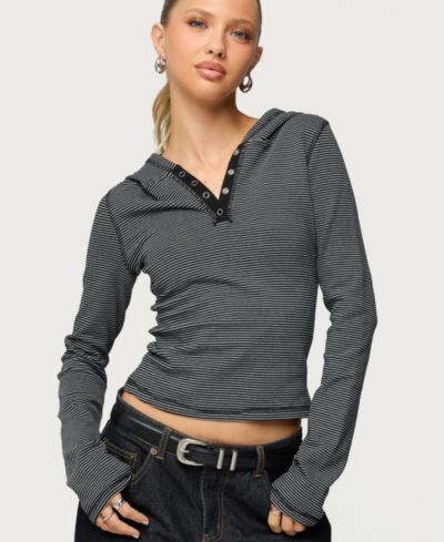 Edikted Женский топ Henley в полоску с капюшоном, Damson