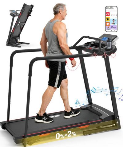 Redliro Senior Treadmill with Long Handrails, 350 lbs Capacity Walking Treadmill for Seniors, Foldable Treadmill with Incline