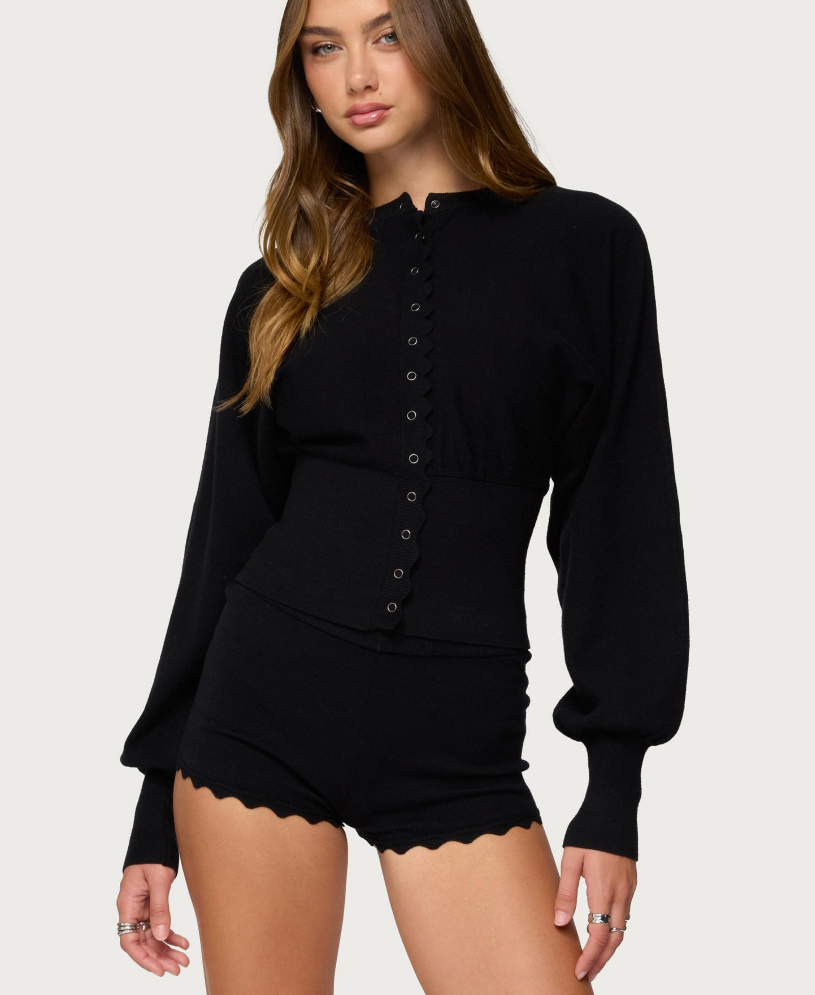 Edikted Women's Maizy Puff Sleeve Scalloped Knit Cardigan
