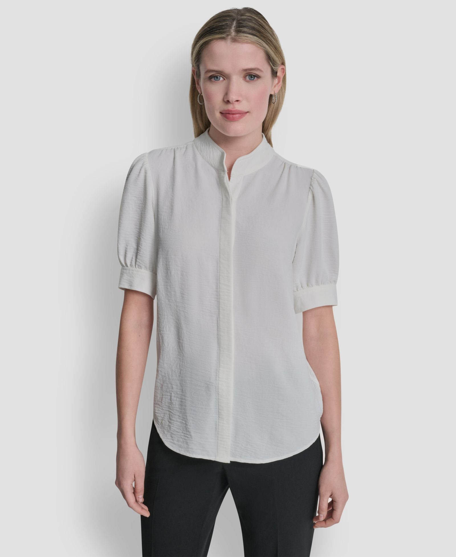 DKNY Women's Bell-sleeve Mandarin Collar Textured Blouse