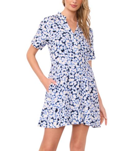 Vince Camuto Women's Collar Neck Fixed Sleeve Elastic Back Shirt Dress